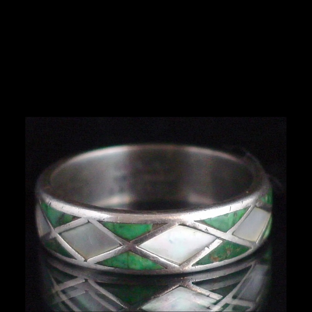 Sterling Silver Green Turquoise Mother of Pearl HANDMADE Harlequin Ring S.12